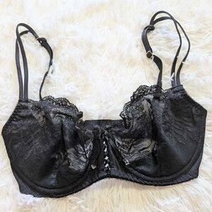 Victoria's Secret Black Sheer Lace Unlined Underwire Lace Up Demi Bra Size 32DD